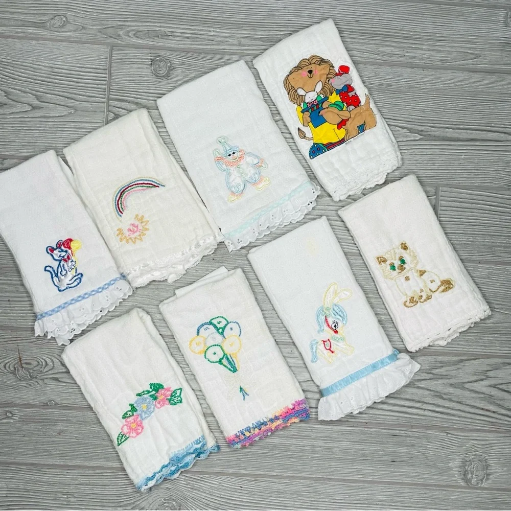 8 vintage hand made baby burp clothes / wash cloths embroidered / crochet / sewn